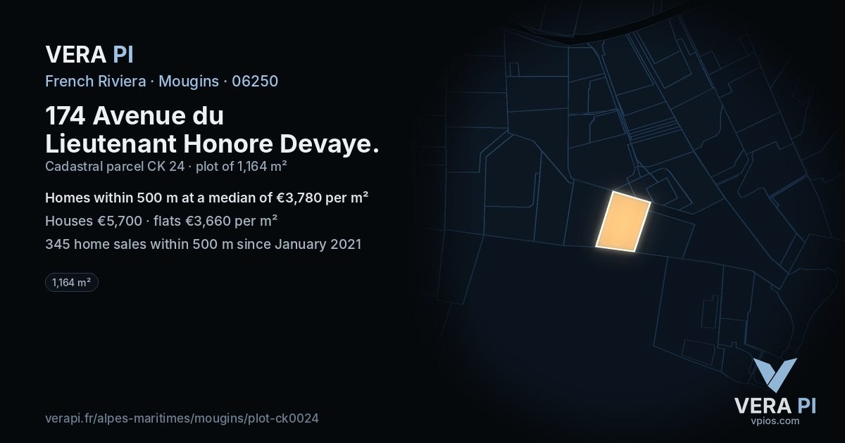 174 Avenue du Lieutenant Honore Devaye, Mougins at night – the plot lit, the parcels around coloured by the prices near them