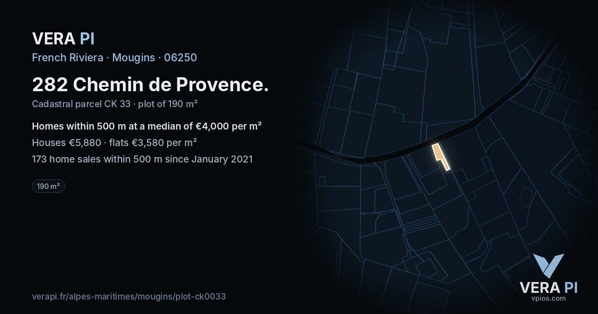 282 Chemin de Provence, Mougins at night – the plot lit, the parcels around coloured by the prices near them