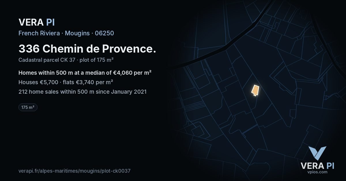 336 Chemin de Provence, Mougins at night – the plot lit, the parcels around coloured by the prices near them