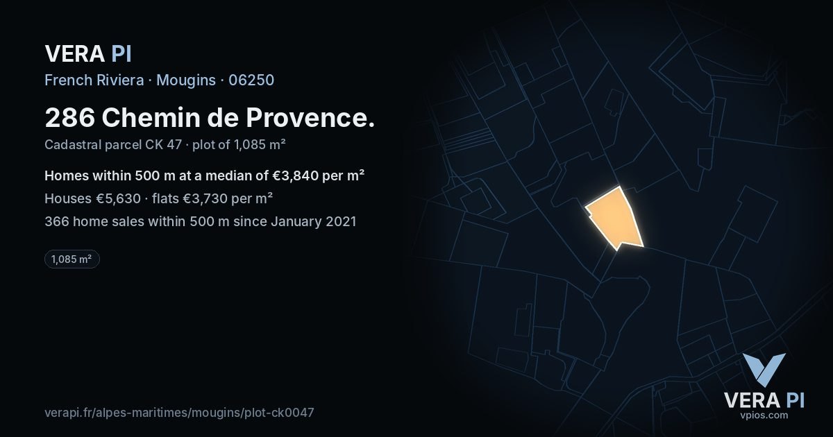 286 Chemin de Provence, Mougins at night – the plot lit, the parcels around coloured by the prices near them