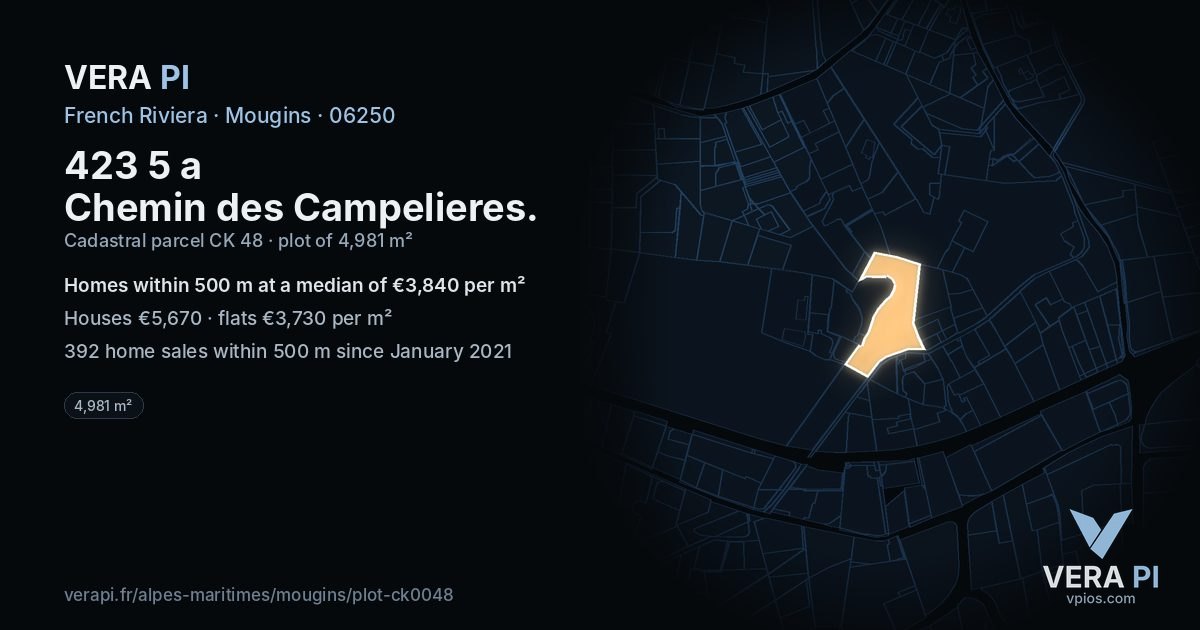 423 5 a Chemin des Campelieres, Mougins at night – the plot lit, the parcels around coloured by the prices near them