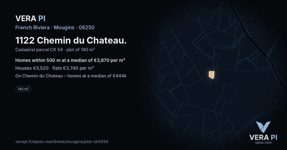 1122 Chemin du Chateau, Mougins at night – the plot lit, the parcels around coloured by the prices near them