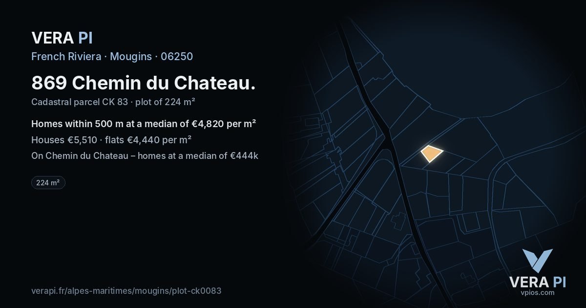 869 Chemin du Chateau, Mougins at night – the plot lit, the parcels around coloured by the prices near them
