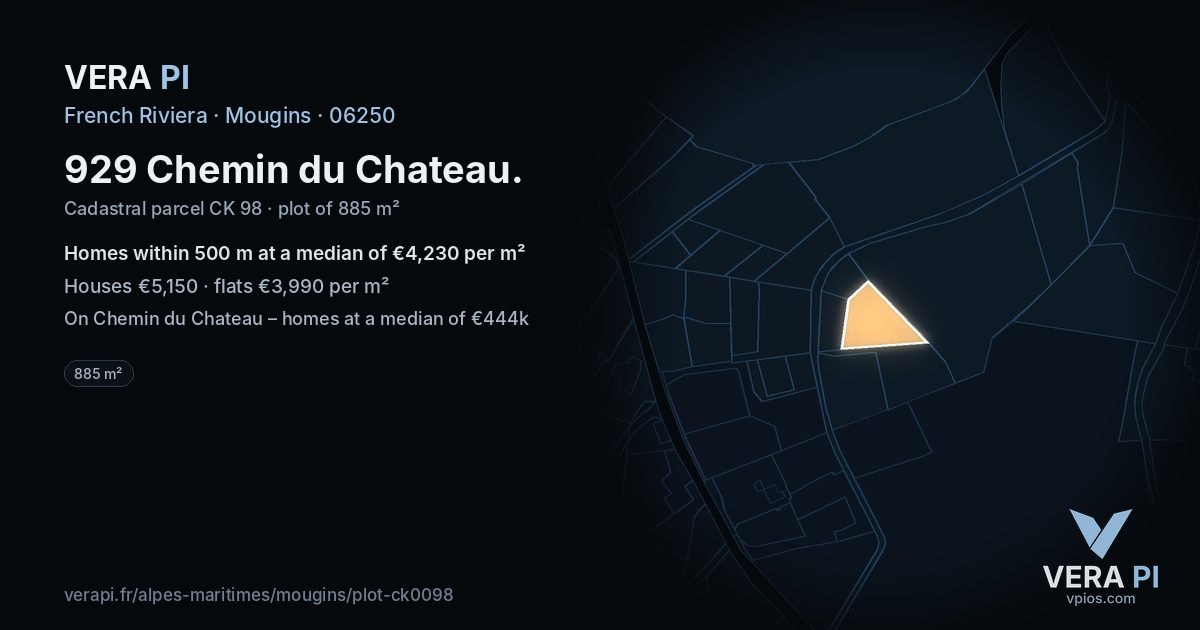929 Chemin du Chateau, Mougins at night – the plot lit, the parcels around coloured by the prices near them