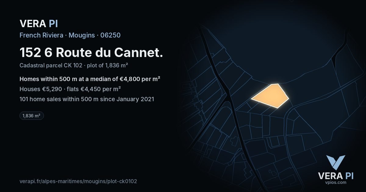 152 6 Route du Cannet, Mougins at night – the plot lit, the parcels around coloured by the prices near them