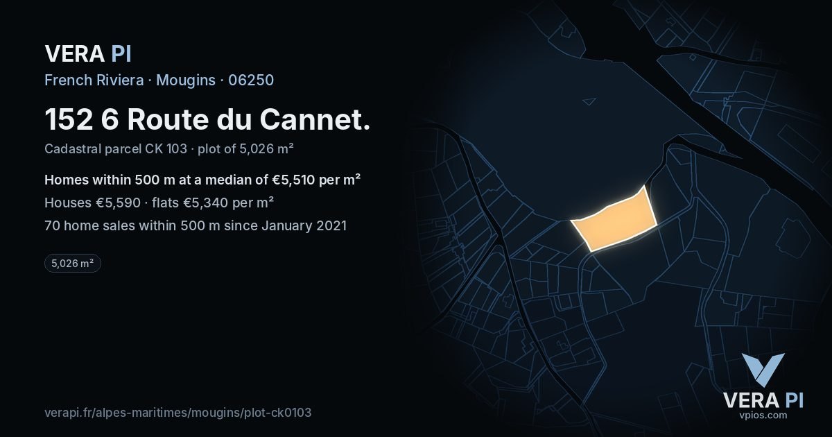 152 6 Route du Cannet, Mougins at night – the plot lit, the parcels around coloured by the prices near them
