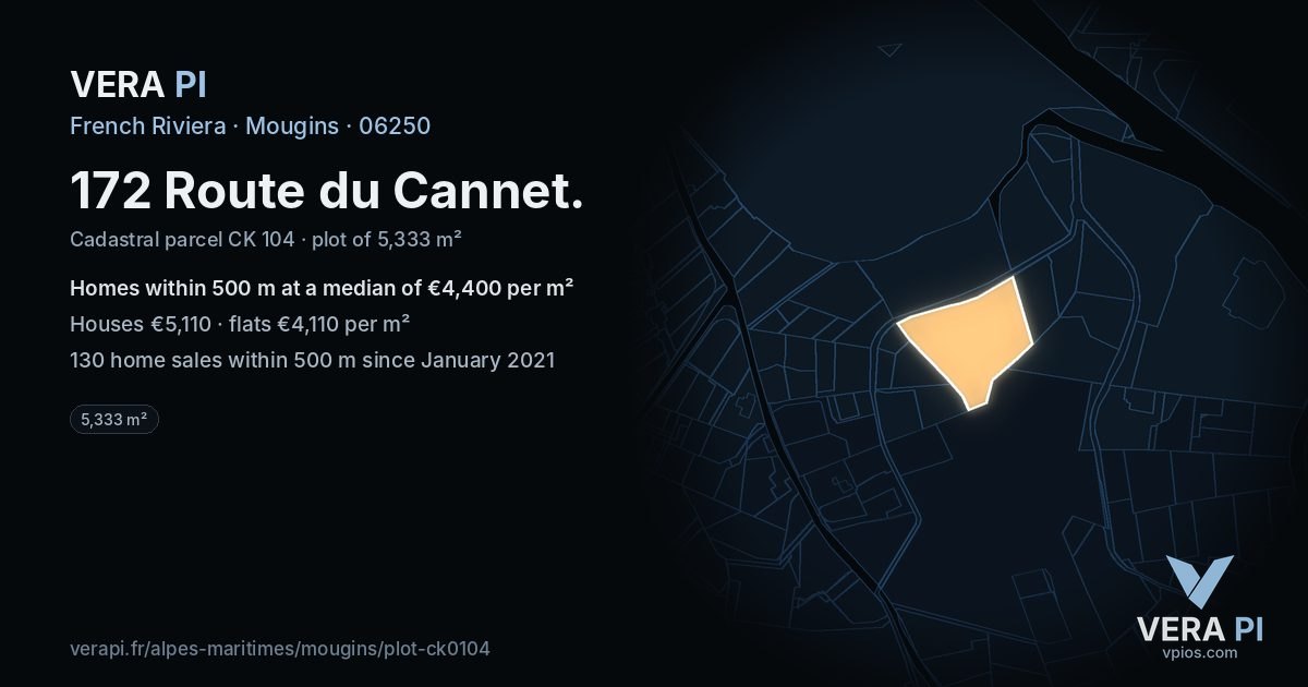 172 Route du Cannet, Mougins at night – the plot lit, the parcels around coloured by the prices near them