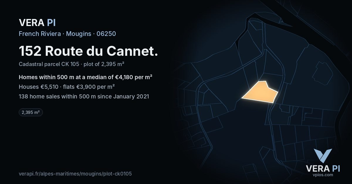 152 Route du Cannet, Mougins at night – the plot lit, the parcels around coloured by the prices near them