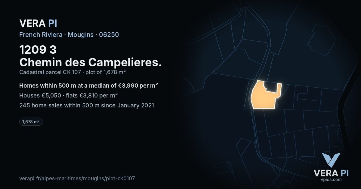 1209 3 Chemin des Campelieres, Mougins at night – the plot lit, the parcels around coloured by the prices near them