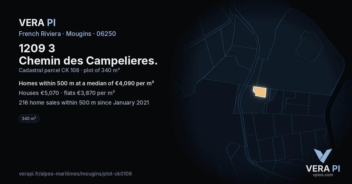 1209 3 Chemin des Campelieres, Mougins at night – the plot lit, the parcels around coloured by the prices near them