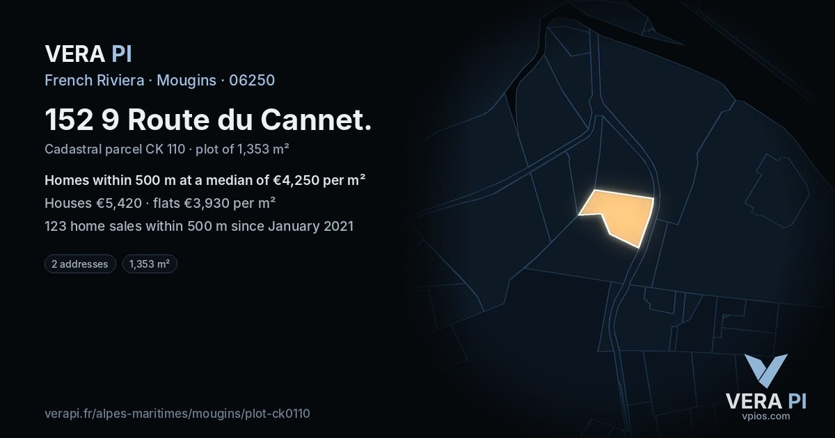 152 9 Route du Cannet, Mougins at night – the plot lit, the parcels around coloured by the prices near them
