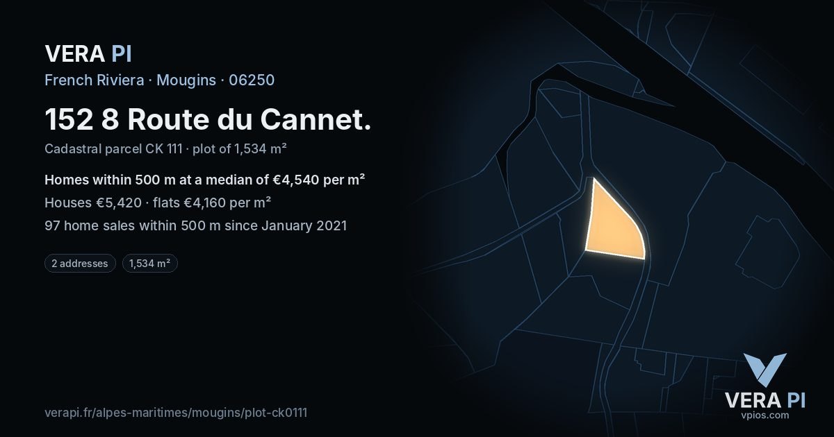 152 8 Route du Cannet, Mougins at night – the plot lit, the parcels around coloured by the prices near them
