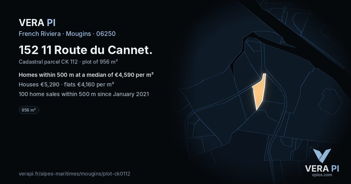 152 11 Route du Cannet, Mougins at night – the plot lit, the parcels around coloured by the prices near them