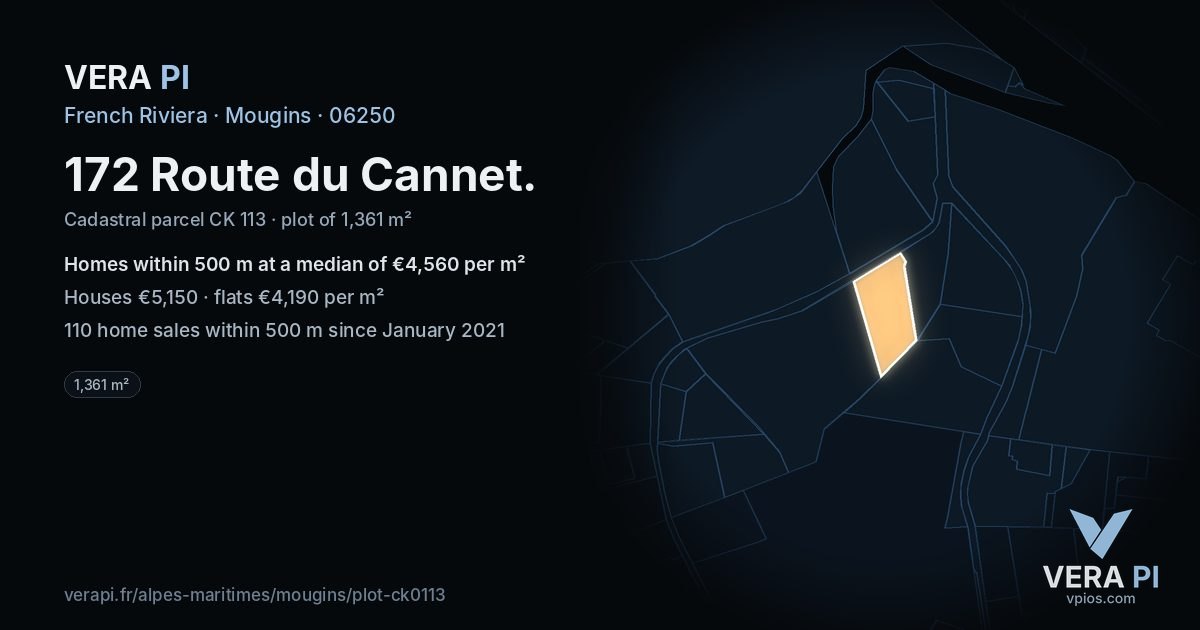 172 Route du Cannet, Mougins at night – the plot lit, the parcels around coloured by the prices near them