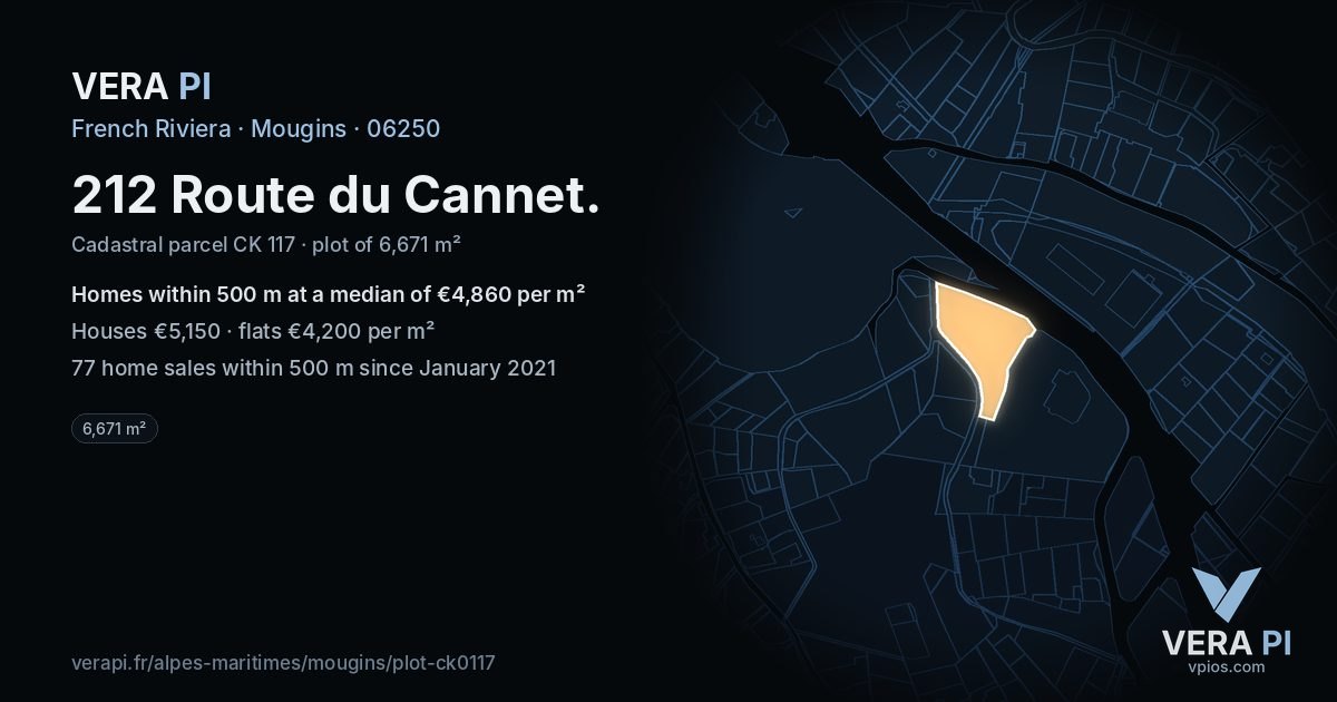 212 Route du Cannet, Mougins at night – the plot lit, the parcels around coloured by the prices near them