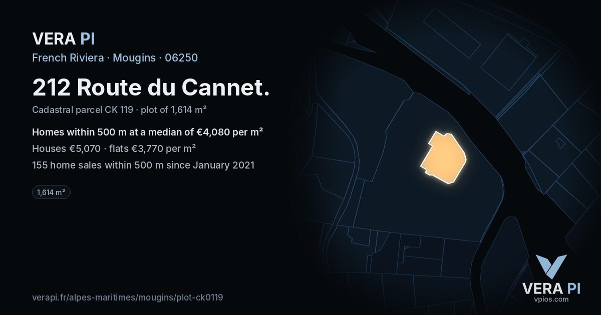 212 Route du Cannet, Mougins at night – the plot lit, the parcels around coloured by the prices near them