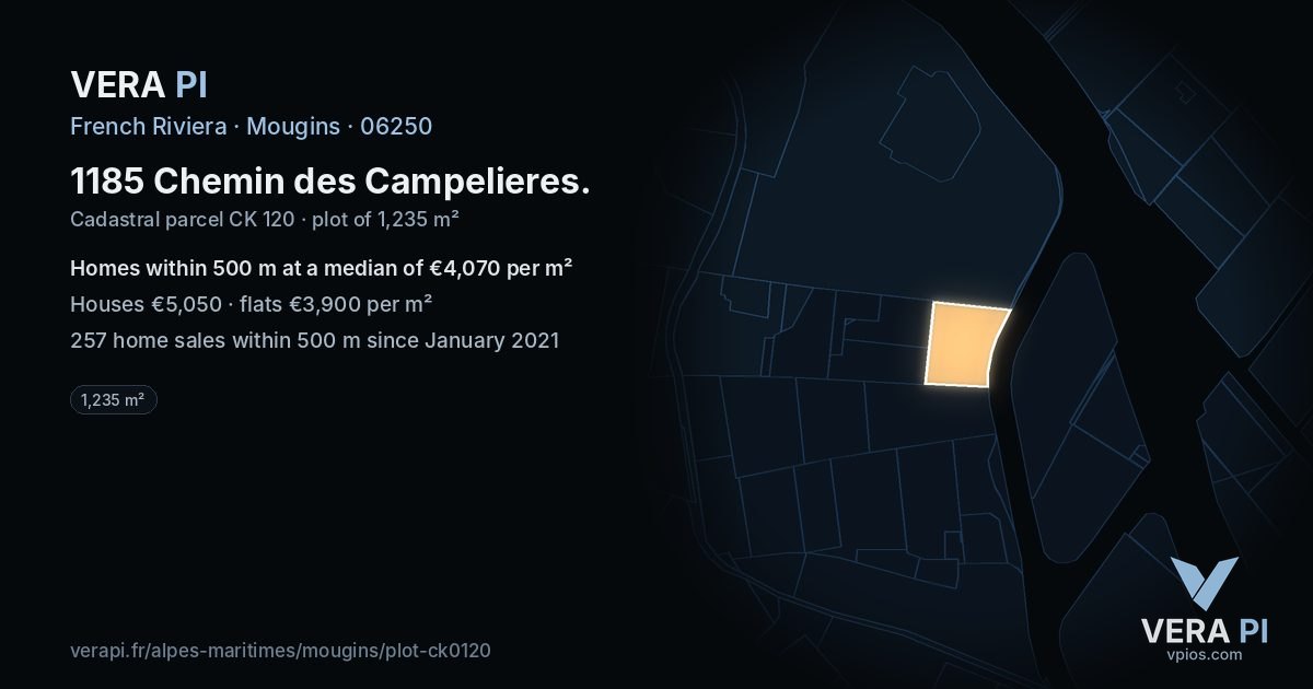 1185 Chemin des Campelieres, Mougins at night – the plot lit, the parcels around coloured by the prices near them