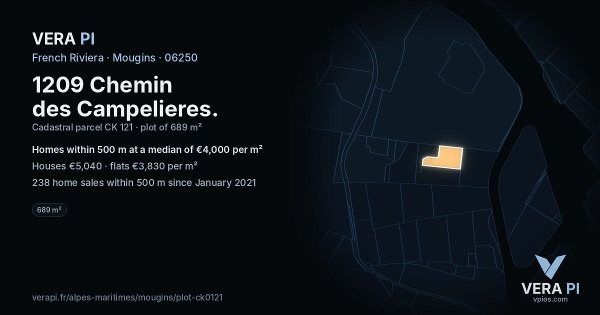 1209 Chemin des Campelieres, Mougins at night – the plot lit, the parcels around coloured by the prices near them