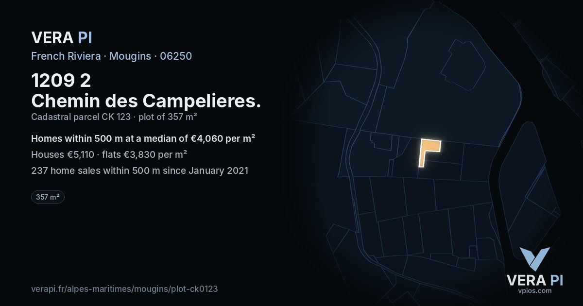 1209 2 Chemin des Campelieres, Mougins at night – the plot lit, the parcels around coloured by the prices near them