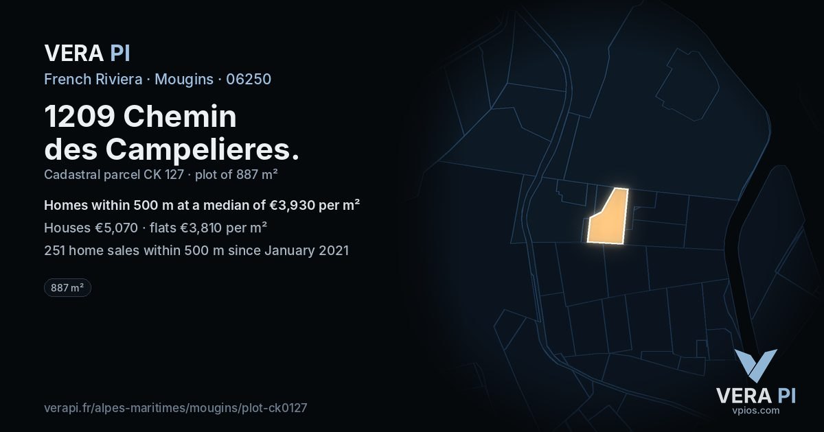 1209 Chemin des Campelieres, Mougins at night – the plot lit, the parcels around coloured by the prices near them