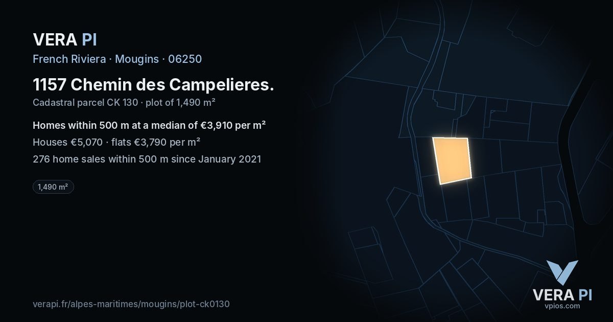 1157 Chemin des Campelieres, Mougins at night – the plot lit, the parcels around coloured by the prices near them