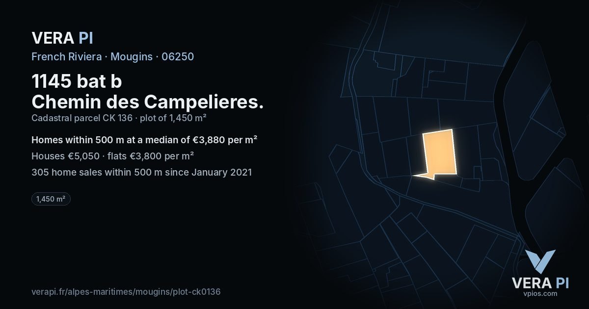 1145 bat b Chemin des Campelieres, Mougins at night – the plot lit, the parcels around coloured by the prices near them