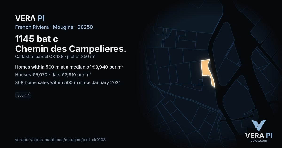 1145 bat c Chemin des Campelieres, Mougins at night – the plot lit, the parcels around coloured by the prices near them