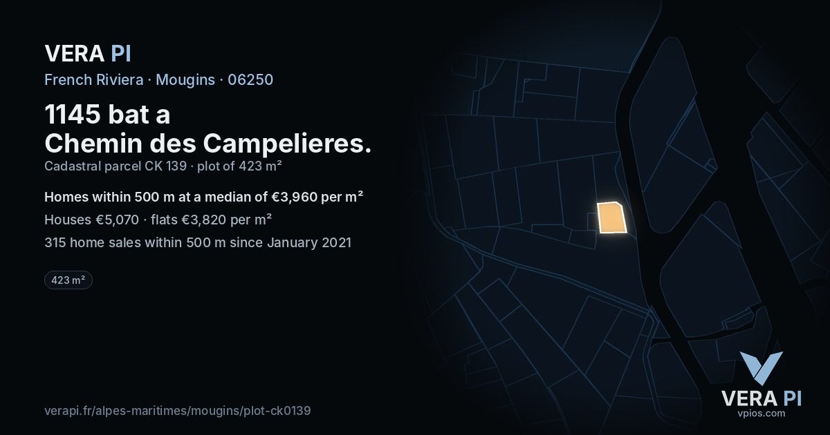 1145 bat a Chemin des Campelieres, Mougins at night – the plot lit, the parcels around coloured by the prices near them