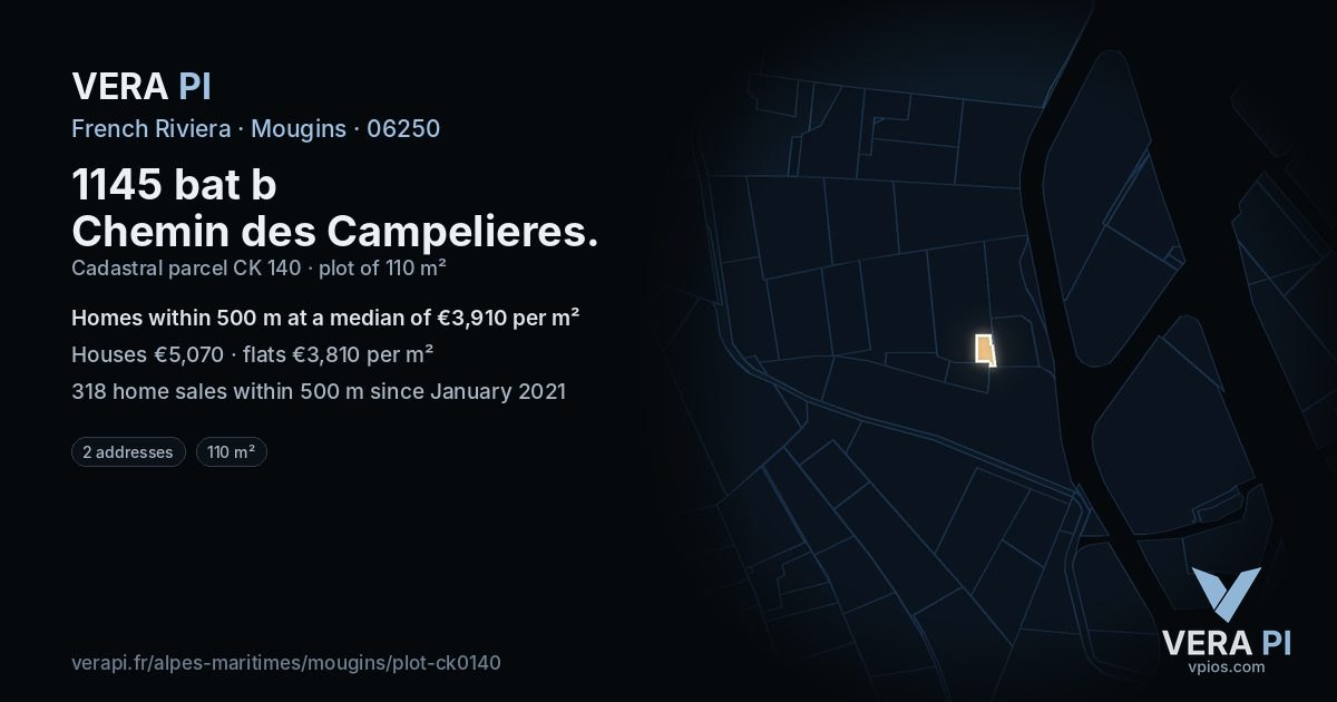 1145 bat b Chemin des Campelieres, Mougins at night – the plot lit, the parcels around coloured by the prices near them