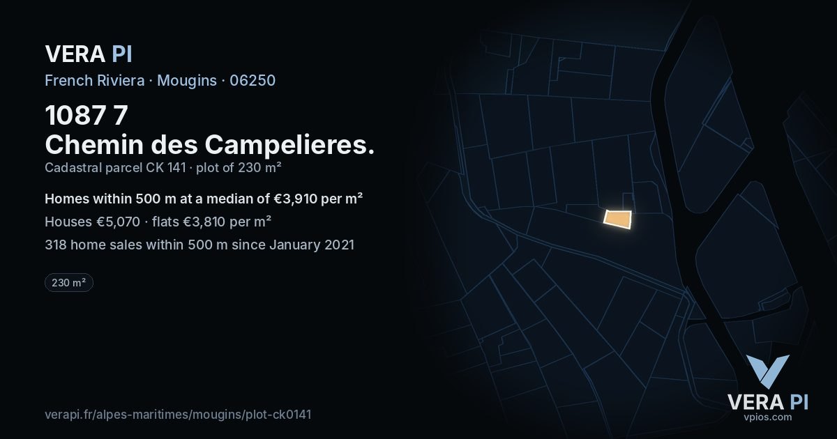 1087 7 Chemin des Campelieres, Mougins at night – the plot lit, the parcels around coloured by the prices near them