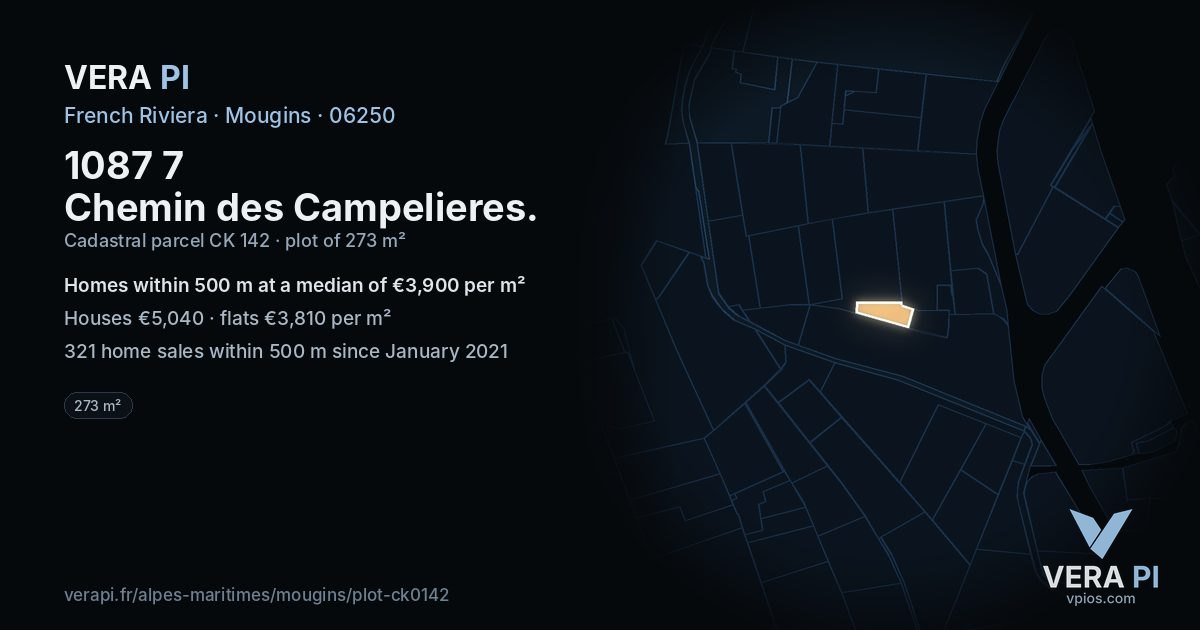 1087 7 Chemin des Campelieres, Mougins at night – the plot lit, the parcels around coloured by the prices near them