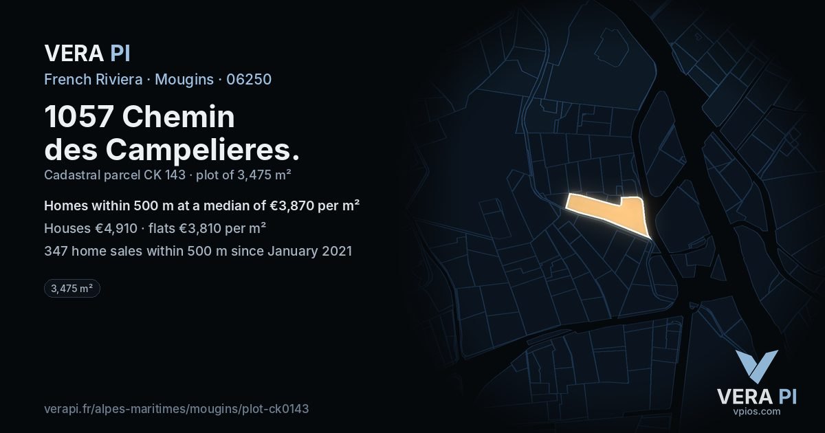 1057 Chemin des Campelieres, Mougins at night – the plot lit, the parcels around coloured by the prices near them