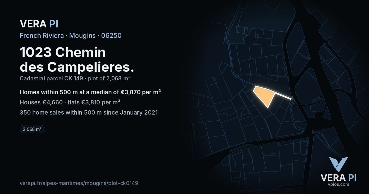 1023 Chemin des Campelieres, Mougins at night – the plot lit, the parcels around coloured by the prices near them