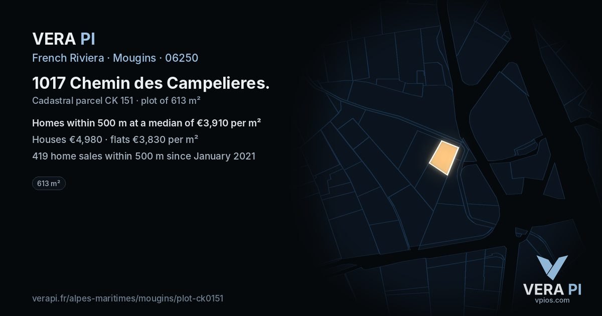 1017 Chemin des Campelieres, Mougins at night – the plot lit, the parcels around coloured by the prices near them
