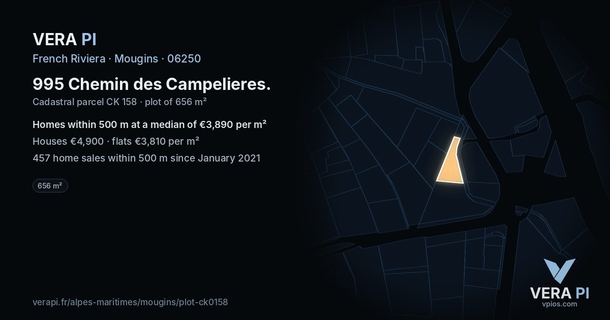 995 Chemin des Campelieres, Mougins at night – the plot lit, the parcels around coloured by the prices near them