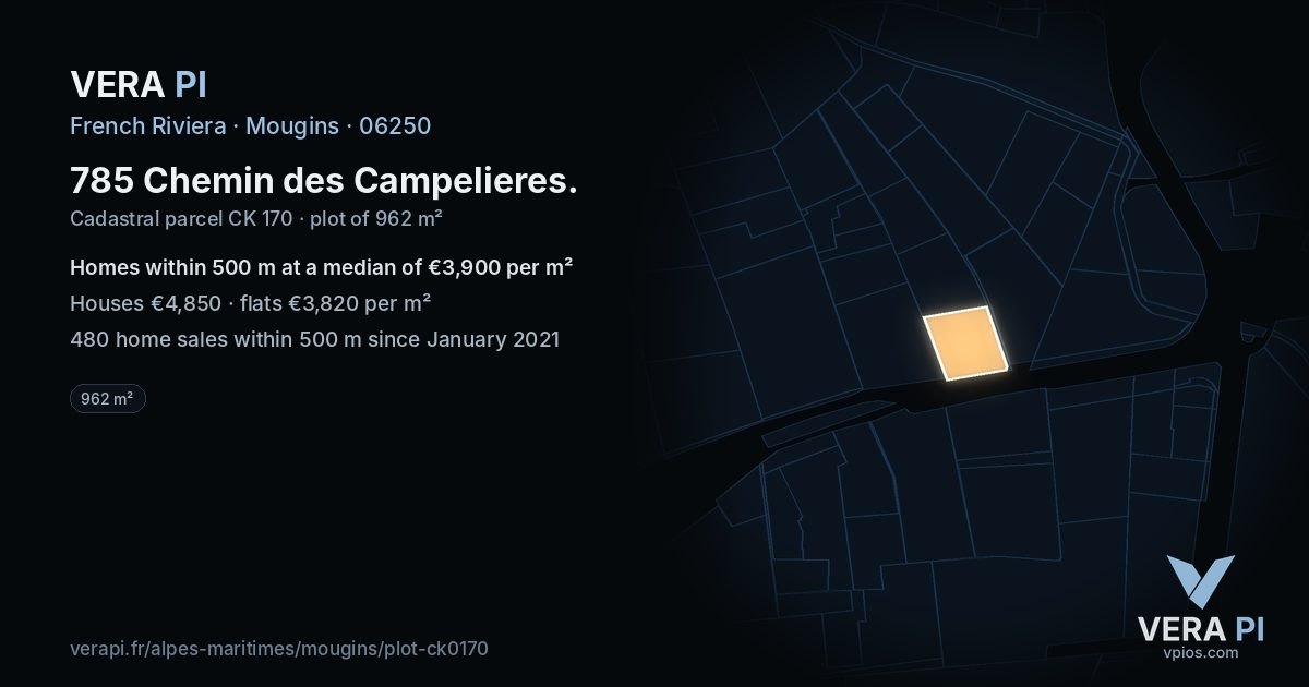 785 Chemin des Campelieres, Mougins at night – the plot lit, the parcels around coloured by the prices near them