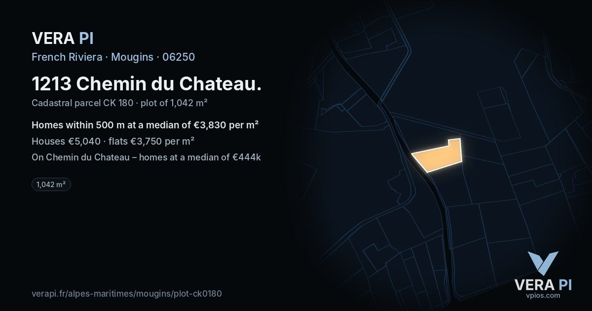 1213 Chemin du Chateau, Mougins at night – the plot lit, the parcels around coloured by the prices near them