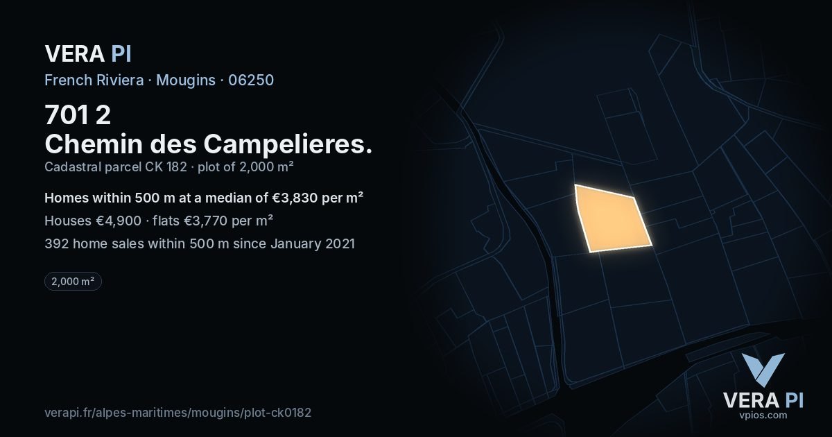701 2 Chemin des Campelieres, Mougins at night – the plot lit, the parcels around coloured by the prices near them