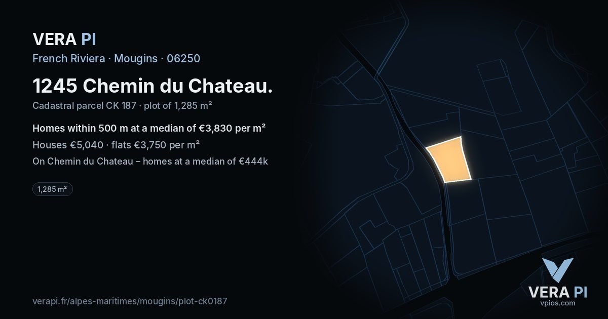1245 Chemin du Chateau, Mougins at night – the plot lit, the parcels around coloured by the prices near them