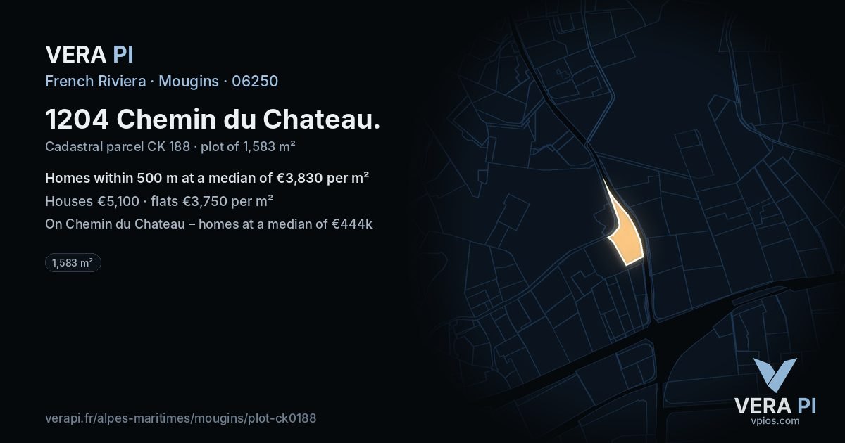 1204 Chemin du Chateau, Mougins at night – the plot lit, the parcels around coloured by the prices near them