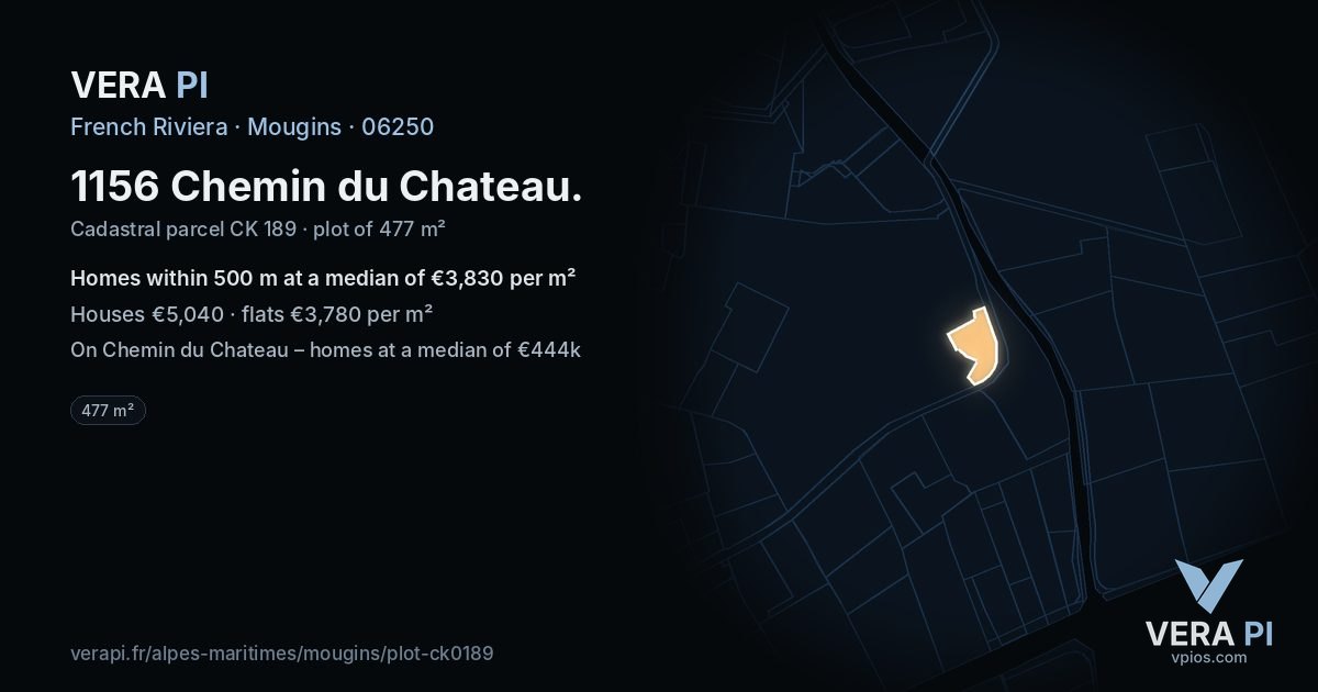 1156 Chemin du Chateau, Mougins at night – the plot lit, the parcels around coloured by the prices near them