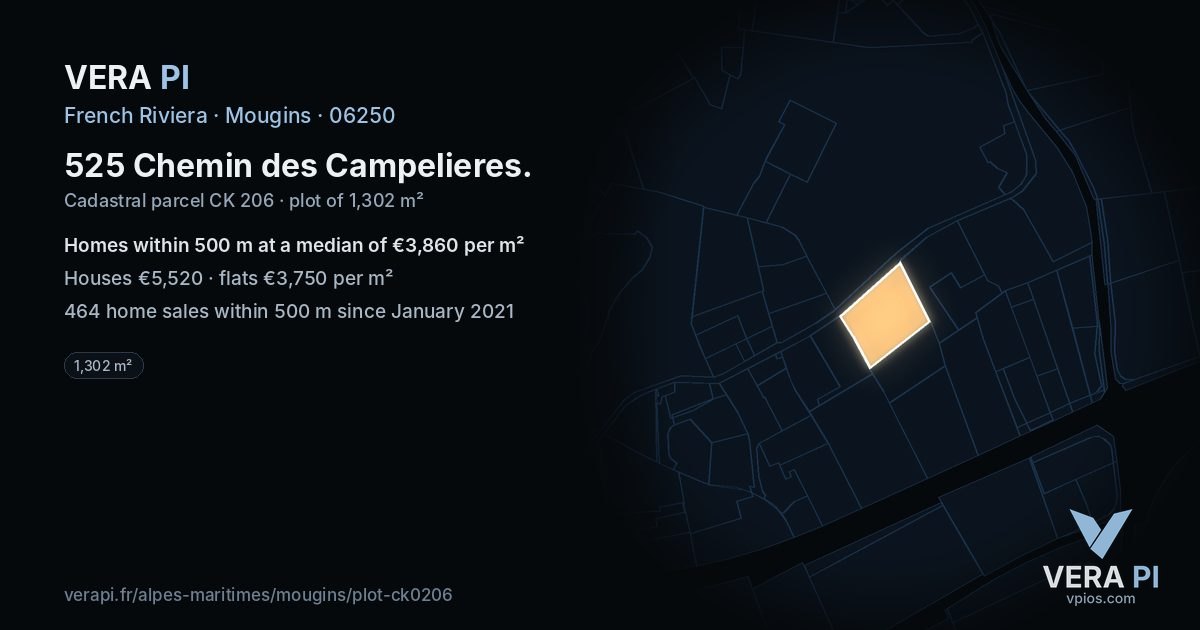 525 Chemin des Campelieres, Mougins at night – the plot lit, the parcels around coloured by the prices near them