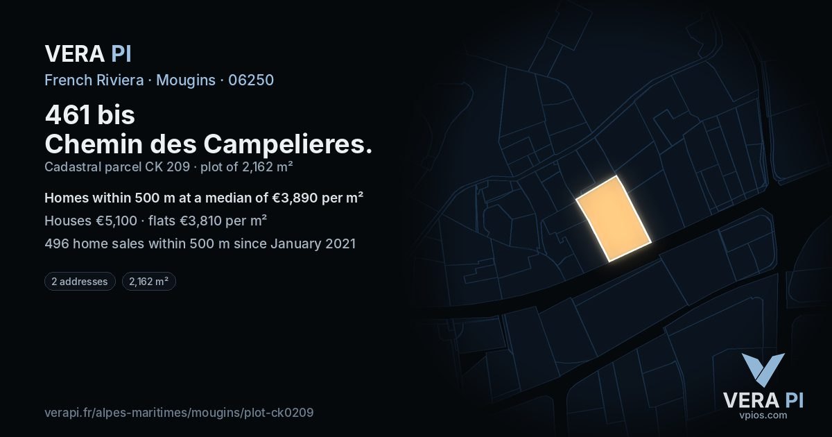 461 bis Chemin des Campelieres, Mougins at night – the plot lit, the parcels around coloured by the prices near them