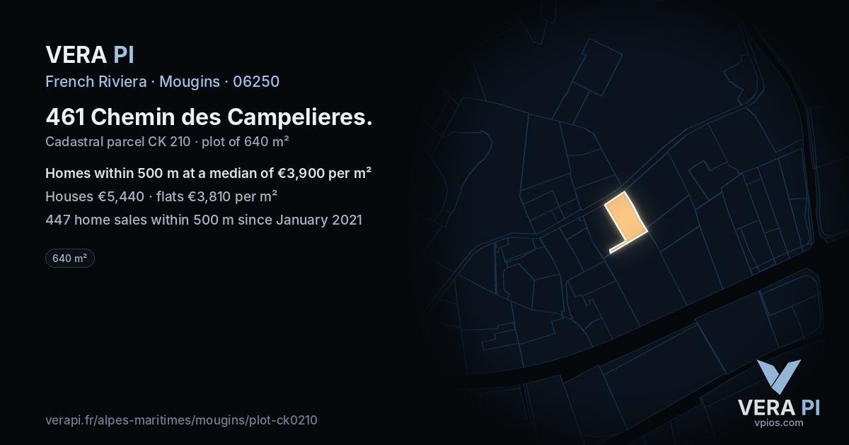 461 Chemin des Campelieres, Mougins at night – the plot lit, the parcels around coloured by the prices near them