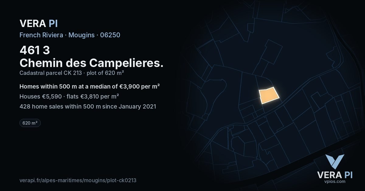 461 3 Chemin des Campelieres, Mougins at night – the plot lit, the parcels around coloured by the prices near them