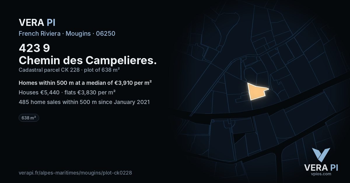 423 9 Chemin des Campelieres, Mougins at night – the plot lit, the parcels around coloured by the prices near them