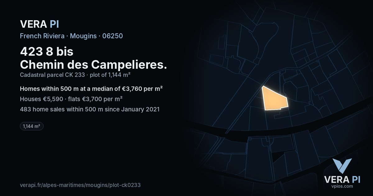 423 8 bis Chemin des Campelieres, Mougins at night – the plot lit, the parcels around coloured by the prices near them