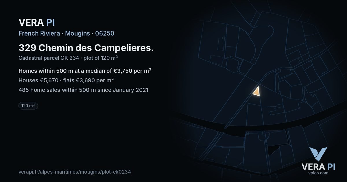 329 Chemin des Campelieres, Mougins at night – the plot lit, the parcels around coloured by the prices near them