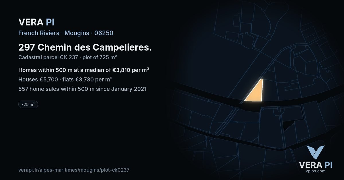 297 Chemin des Campelieres, Mougins at night – the plot lit, the parcels around coloured by the prices near them