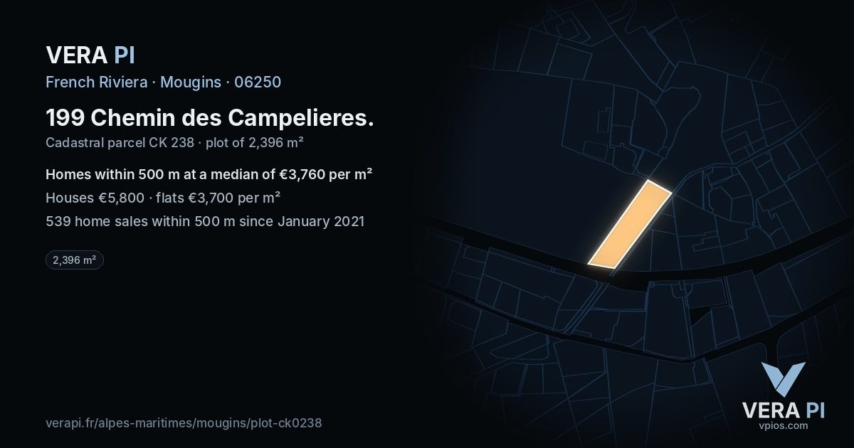 199 Chemin des Campelieres, Mougins at night – the plot lit, the parcels around coloured by the prices near them